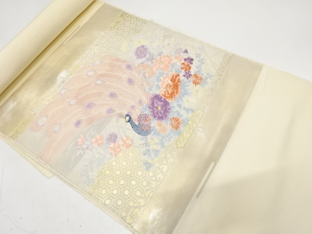 JAPANESE KIMONO / ANTIQUE BOLT FOR NAGOYA OBI / SILK / WOVEN PEACOCK & FLORAL PLANTS